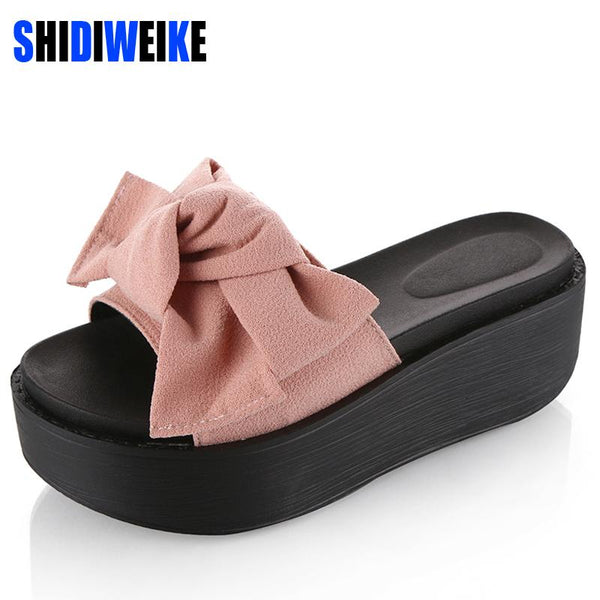 SHIDIWEIKE Big Bowtie Woman Beach Flip Flops Summer Sandals Slip- Resistant Slippers Platform Sandals Size 34-39 B768