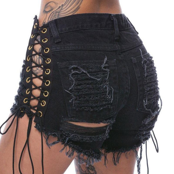 Heyouthoney Sexy summer S-3XL women denim black ripped short jeans high waisted tassel elastic lace up bandage shorts hotpants