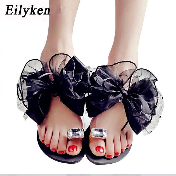 Eilyken Summer Lady's Bowtie Flower Flat Sandals Sexy Casual Fashion Female Beach Flip flops Women Mesh Grey Black Sandals - LADSPAD.UK