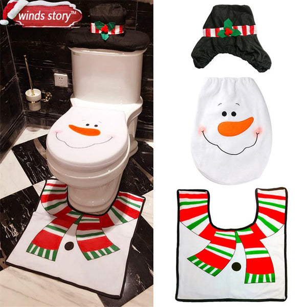 Christmas Bathroom Products 3pcs/set Xmas Decoration White Snowman Toilet Seat Cover and Rug Bathroom New Year Home Decorations - LADSPAD.UK