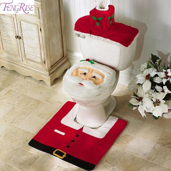 FENGRISE 3pcs Fancy Santa Claus Toilet Seat Cover Rug Bathroom Set Contour Rug Christmas Decoration Navidad Xmas Party Supplies