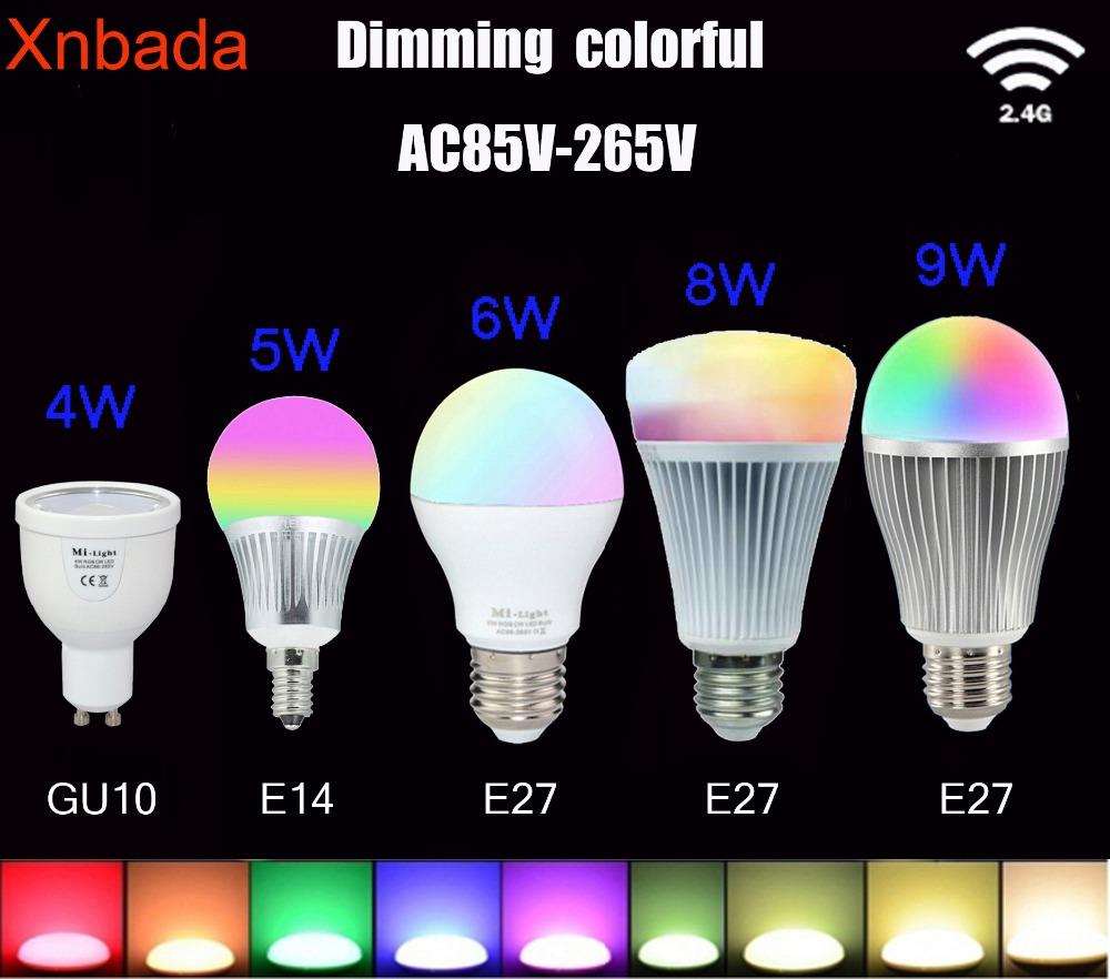 Mi.light 2.4G Led Bulb,GU10 E14 E27 AC85-265V Led Lamp,Smart Wireless 4W 5W 6W 8W 9W  WW/CW/RGBW/RGBWW Led Bulb