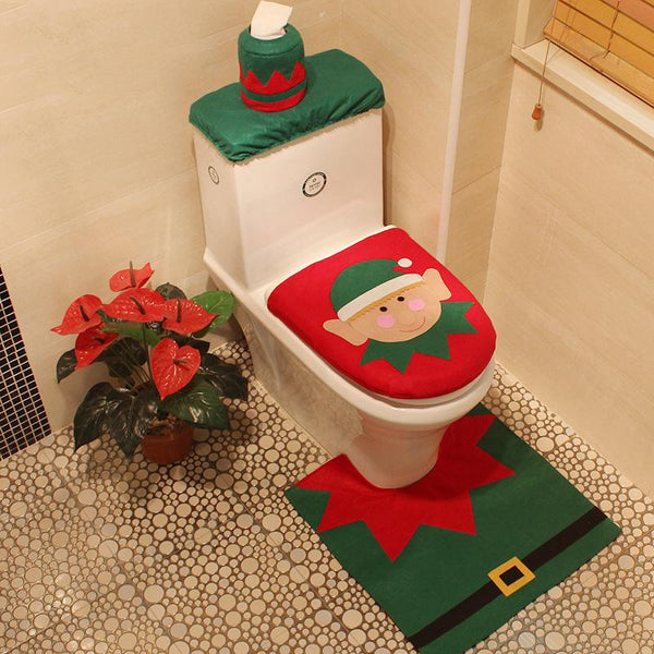 4 Styles 1 Set/3pc Fancy Happy Santa Toilet Seat Cover Rug Bathroom Set Decoration Rug Christmas Decoration - LADSPAD.UK