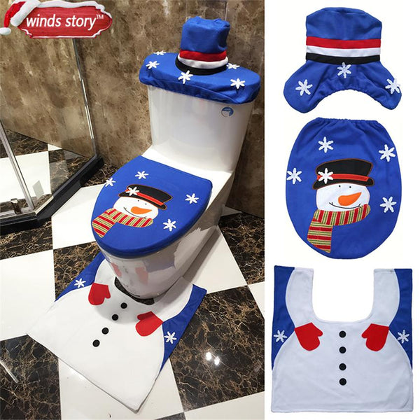Christmas Bathroom Decor 3pcs/set Xmas Decoration Blue Snowman Toilet Seat Cover and Rug Bathroom New Year Home Decorations Gift - LADSPAD.UK