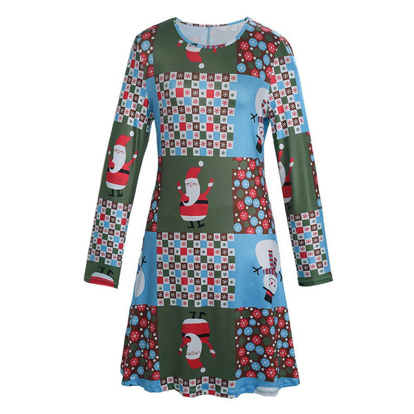 Women Xmas Print Swing Dress Ladies Christmas Long Sleeve Flared Party Dresses