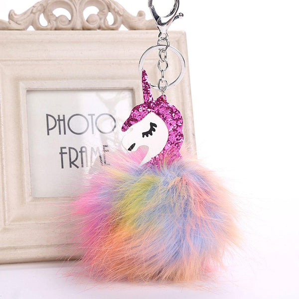 Hot Fashion 1 PC Colorful Fluffy Unicorn Toy Cute Metal Key Chain Plush Toy Pendant Women Fluffy Fur Keyring Bag Hang Plush Toy