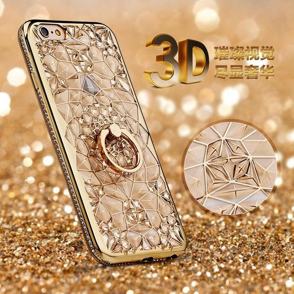 for iPhone X Xs Max XR Case Luxury 3D Soft Ring Capa for iPhone 5 5S SE 6 S 7 8 Plus Ring Silicon Glitter Rhinestone Stand Cover